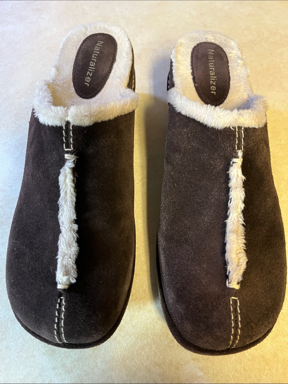 Naturalizer Brown Suede Faux-Fur Trim Slip-On Mules